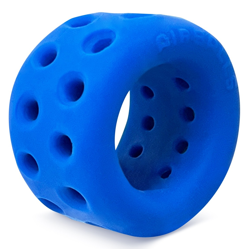 Blue silicone ball stretcher with ventilation holes.