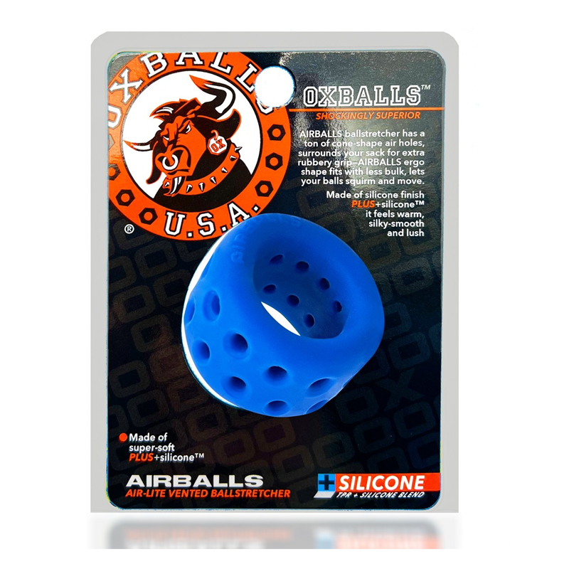 Blue vented silicone ball stretcher with a bull logo.