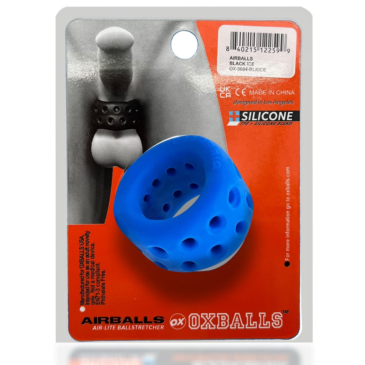 Blue silicone ball stretcher with ventilation holes in packaging.