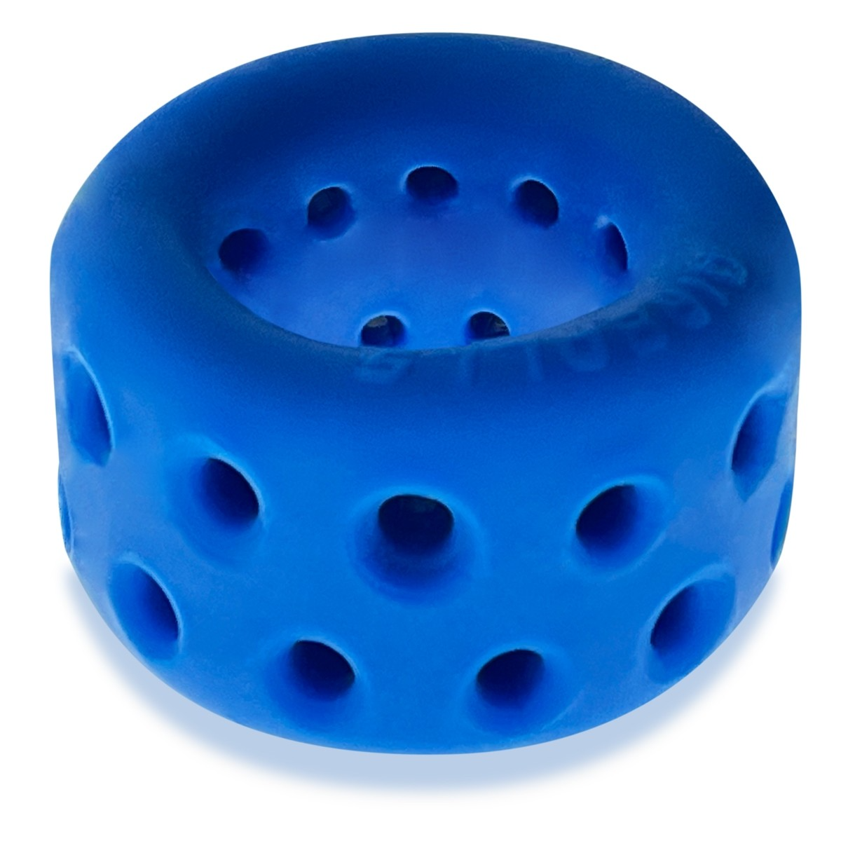 Blue silicone ball stretcher with ventilation holes.