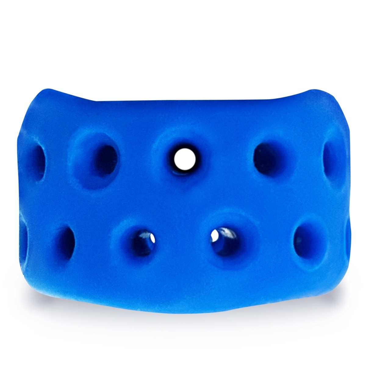 Blue silicone ball stretcher with multiple ventilation holes.