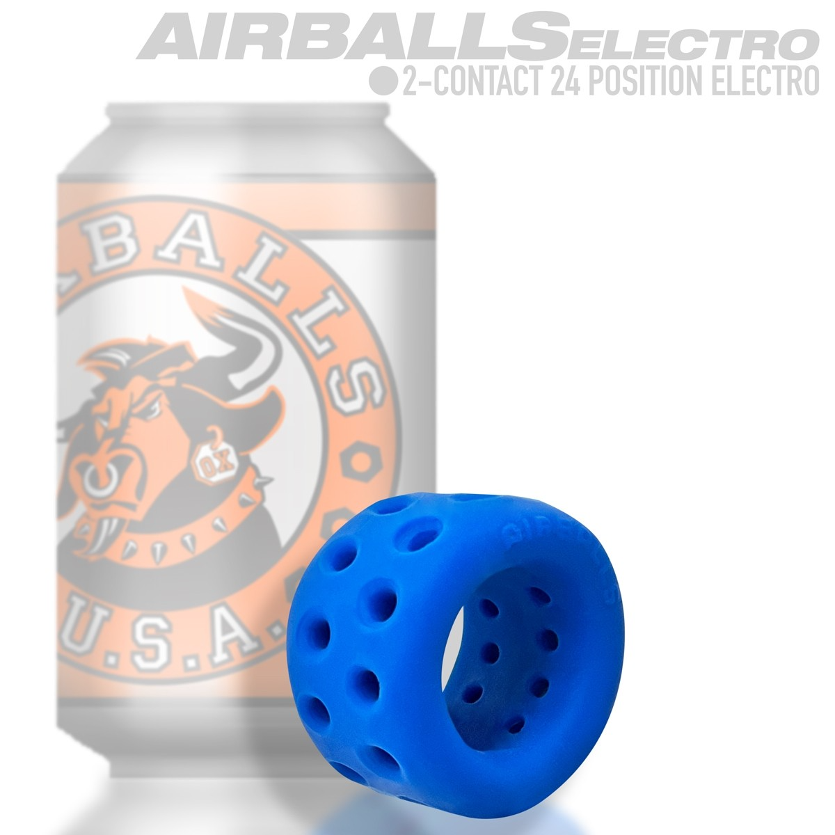 Blue silicone ball stretcher with ventilation holes and a bull logo can in the background.