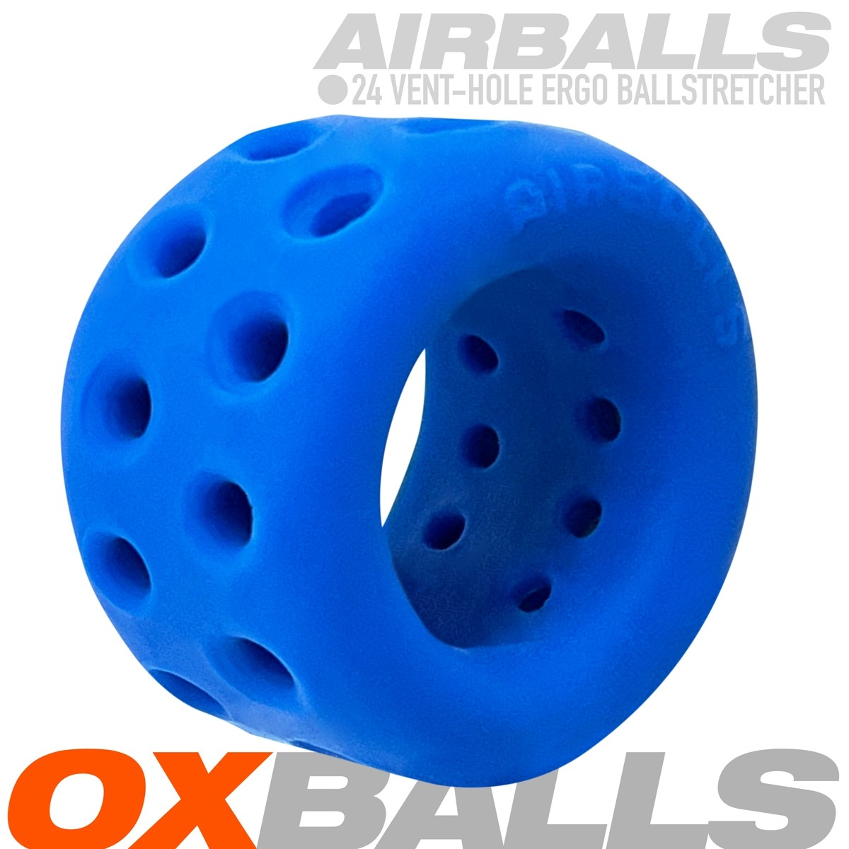 Blue silicone ball stretcher with 24 ventilation holes.