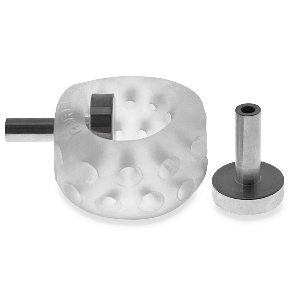 Clear ice electro silicone ball stretcher with metal rod and separate metal base.