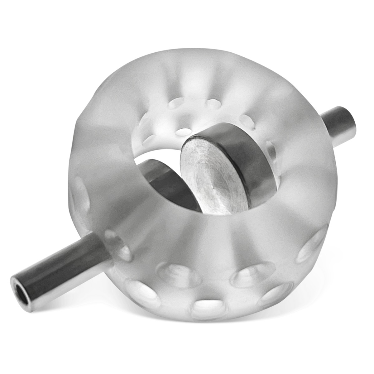 Clear ice electro silicone ball stretcher with drainage holes and metal inserts.