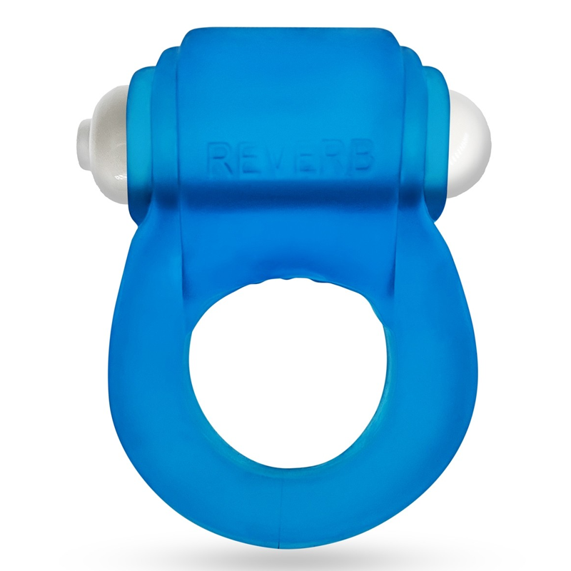 Blue silicone cock ring with "REVERB" embossed on it.