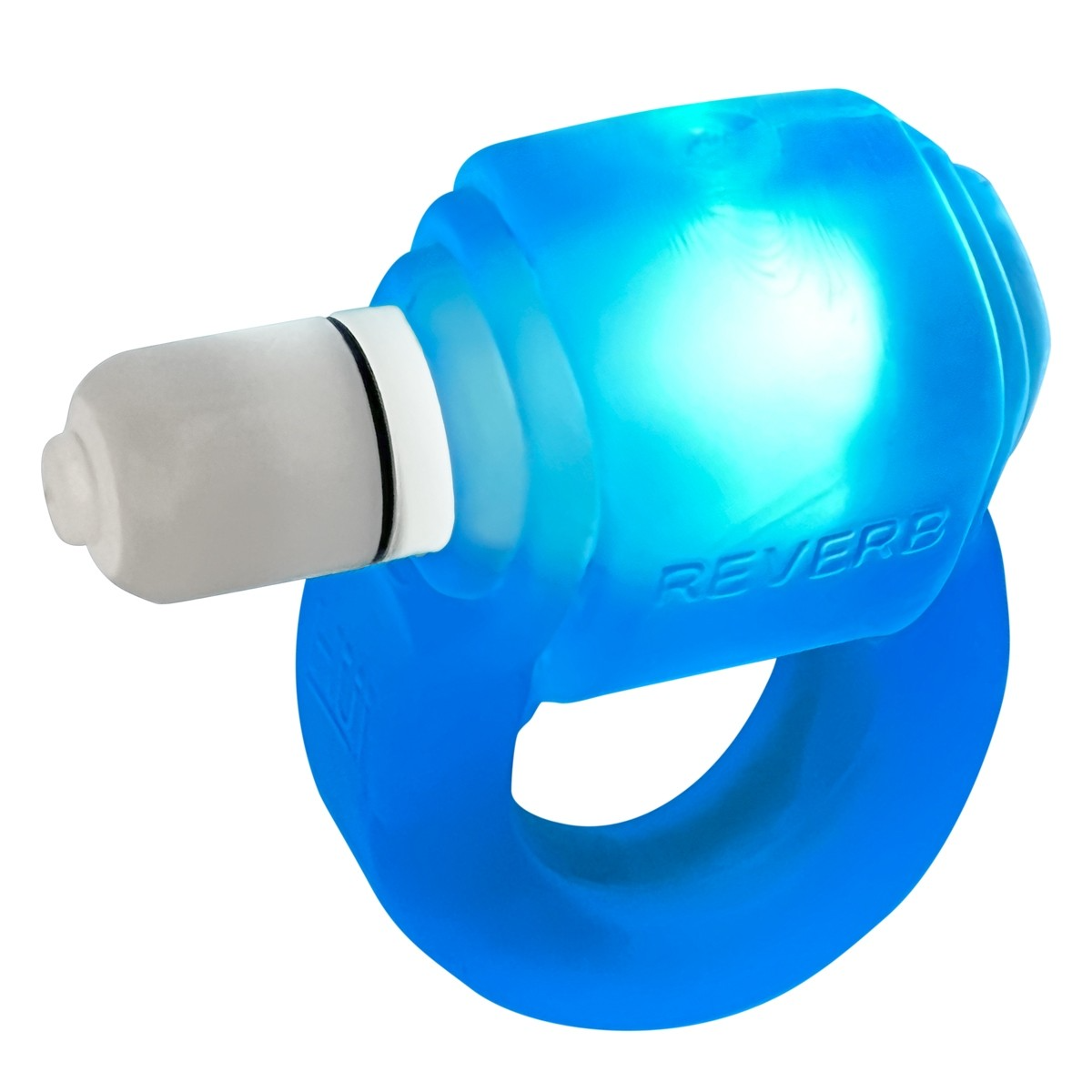 Blue silicone cock ring with an integrated LED light and the word "REVERB" embossed on it.
