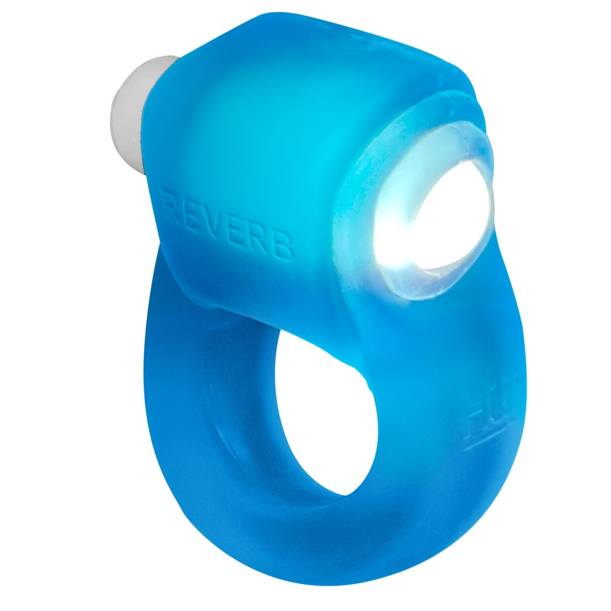 A blue silicone cock ring with an LED light and the word "REVERB" embossed on it.