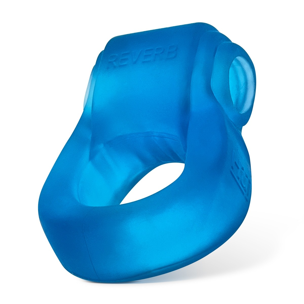 Blue silicone cock ring with "REVERB" embossed on it.