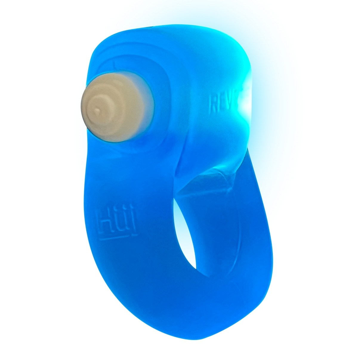 Blue silicone cock ring with a beige button and LED light.