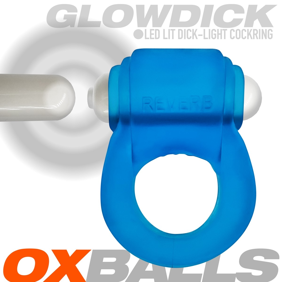 Blue silicone cock ring with LED light and "REVERB" text.