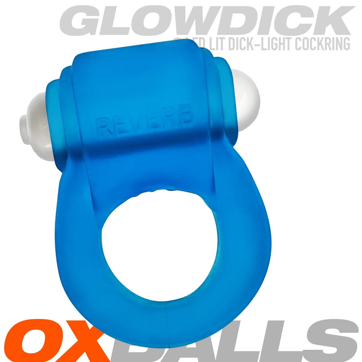 Blue LED silicone cock ring with "REVERB" embossed on it.