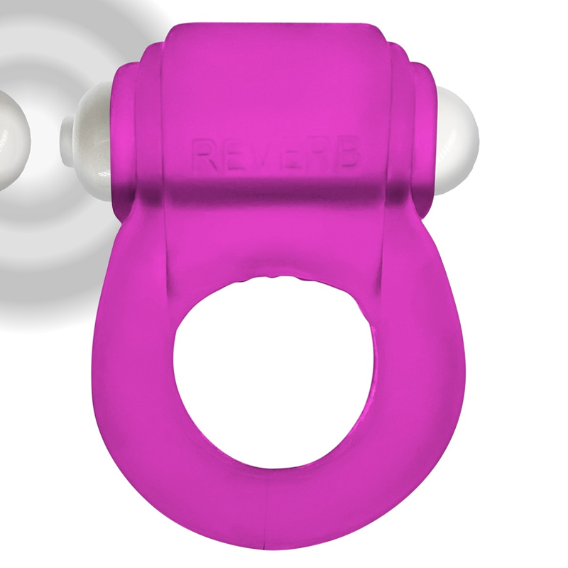 Pink silicone cock ring with "REVERB" embossed on top and white nubs.