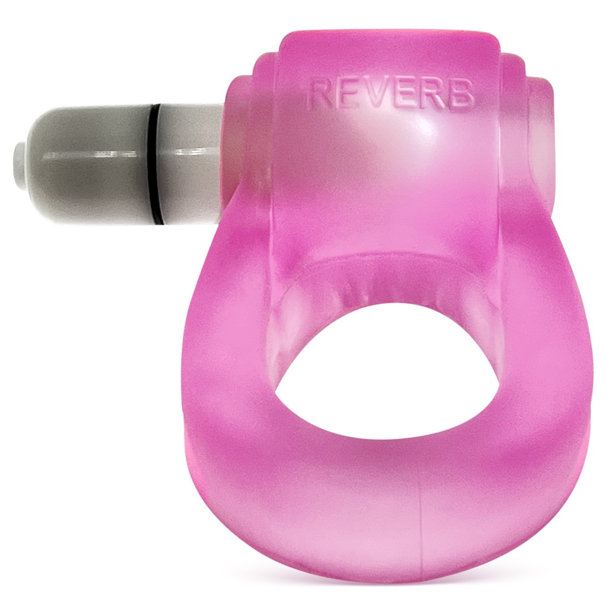 Pink silicone cock ring with "REVERB" embossed on the top.