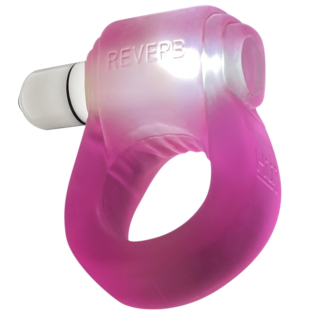 Pink silicone cock ring with a white insert and "REVERB" embossed on it.