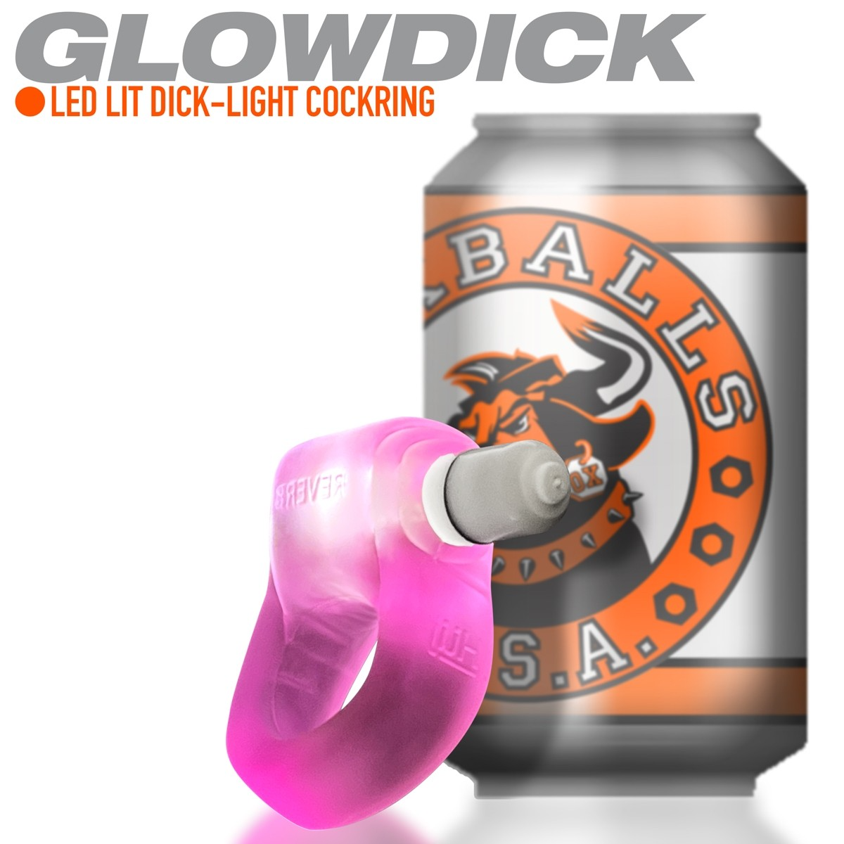 Pink LED silicone cock ring with a can in the background.