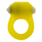 Yellow silicone cock ring with white nubs and LED light.