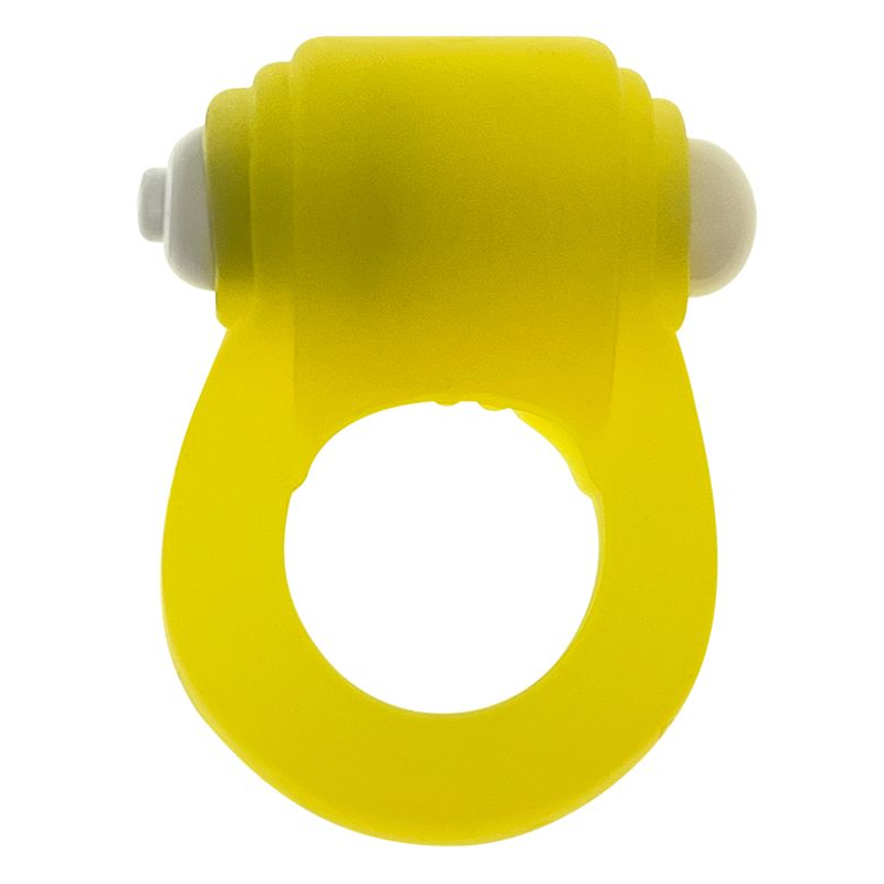 Yellow silicone cock ring with white nubs and LED light.