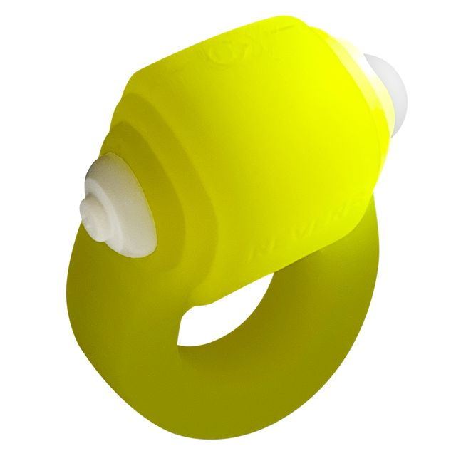 Yellow silicone cock ring with white nubs and an LED light.