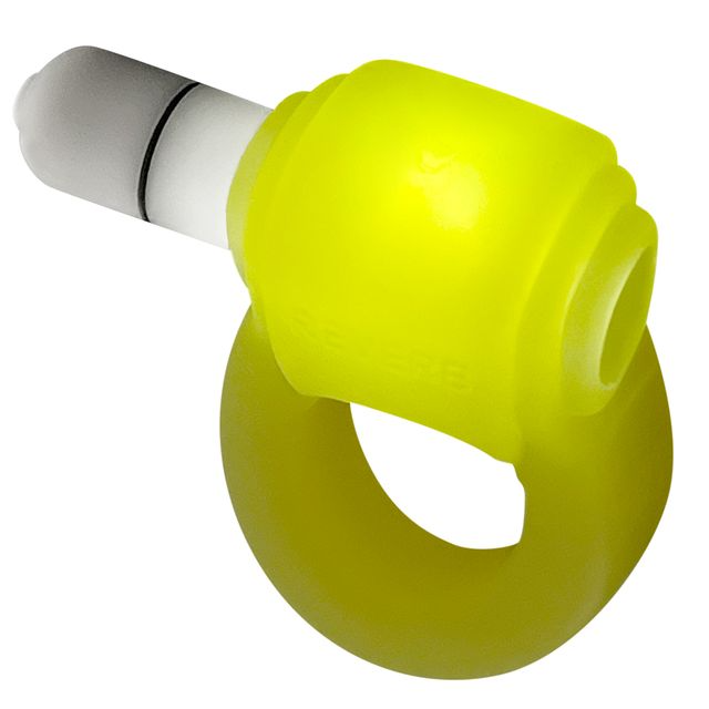 Yellow silicone cock ring with an LED light and a loop.