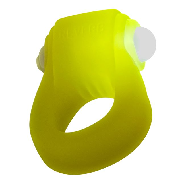 Yellow silicone cock ring with a white LED light.