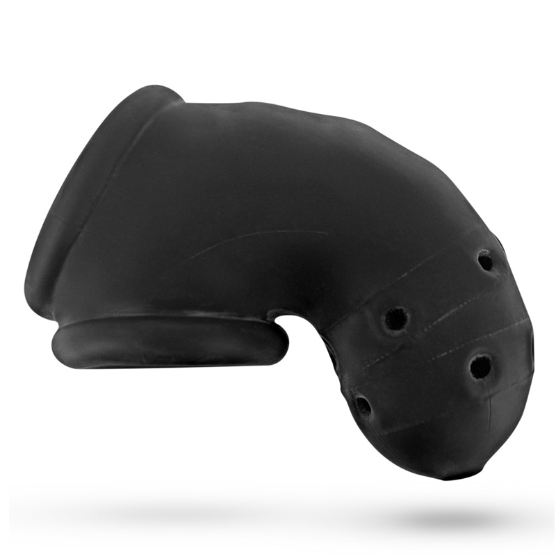 Black silicone chastity cage with ventilation holes.