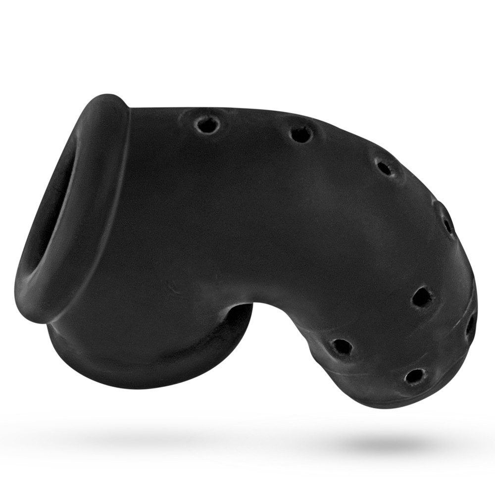 Black vented silicone chastity cage with a curved design.