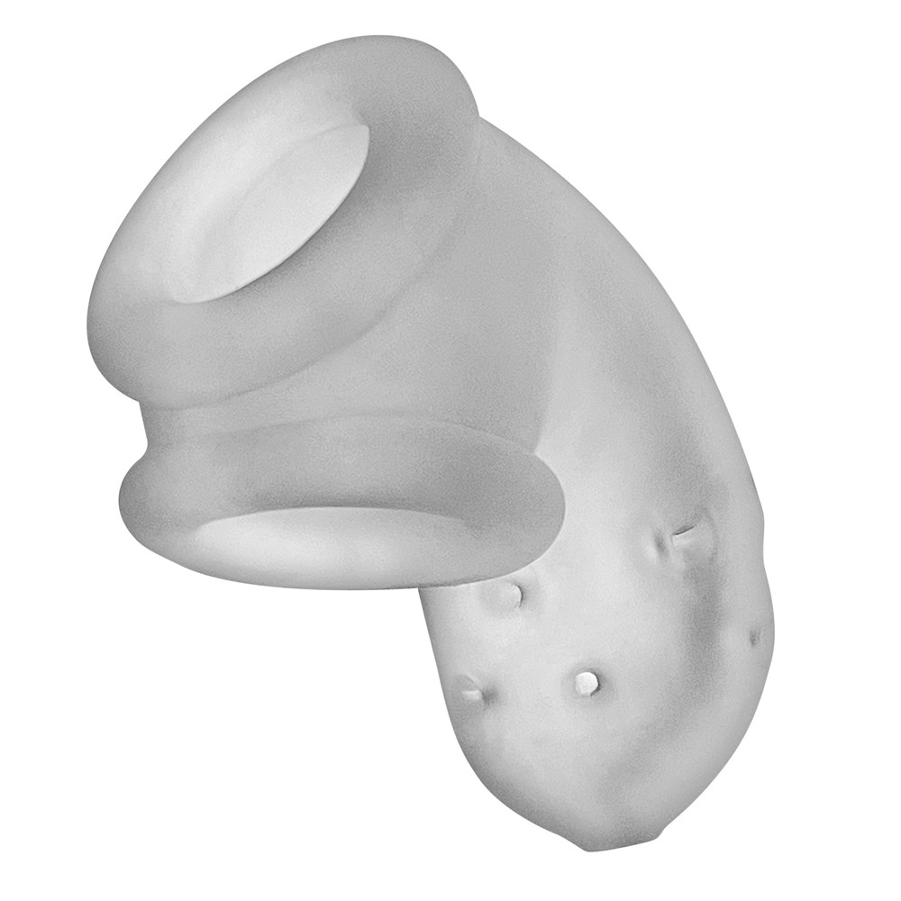 Soft silicone chastity cage with ventilation holes and a built-in sling.