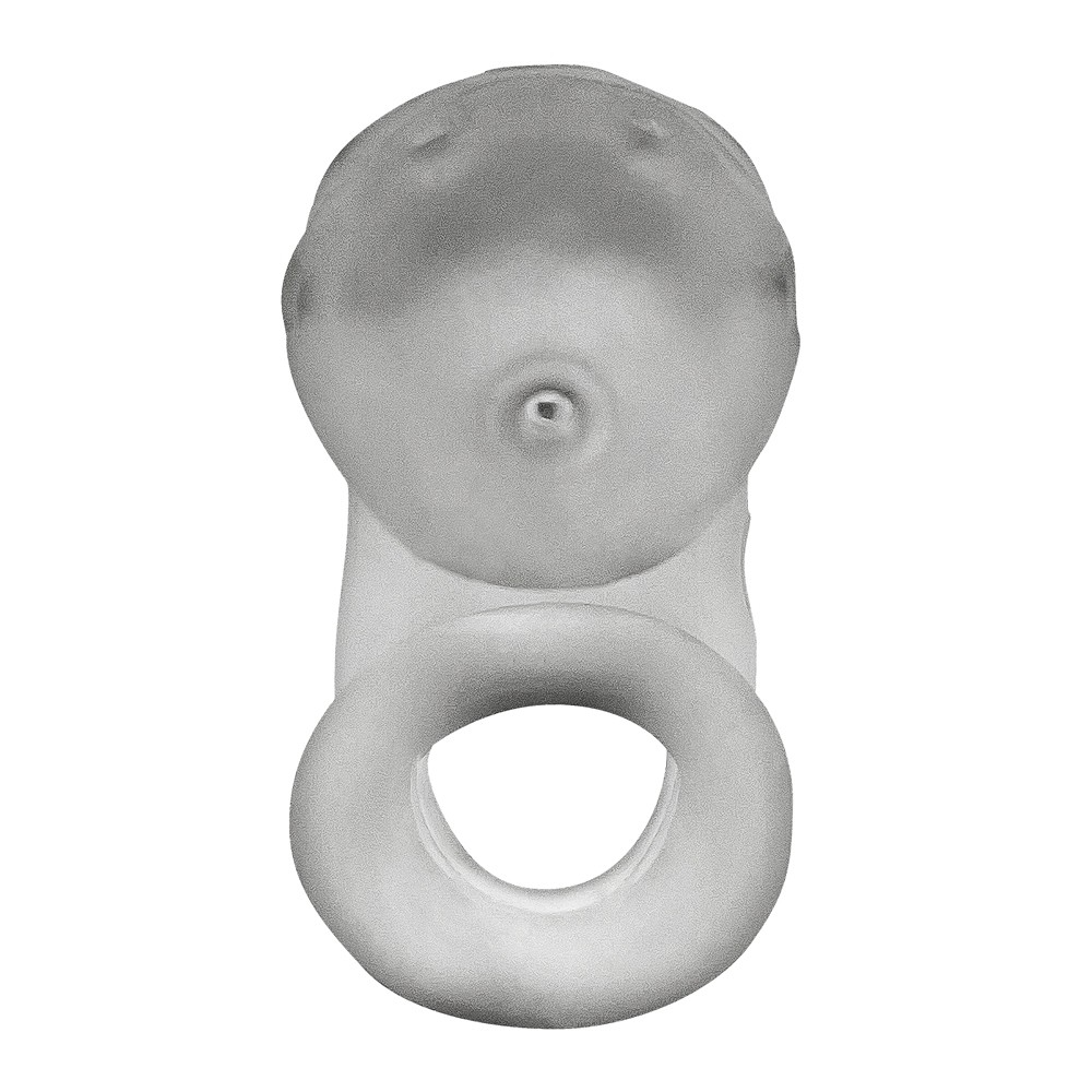 A soft silicone chastity cage with a sling and ventilation holes.