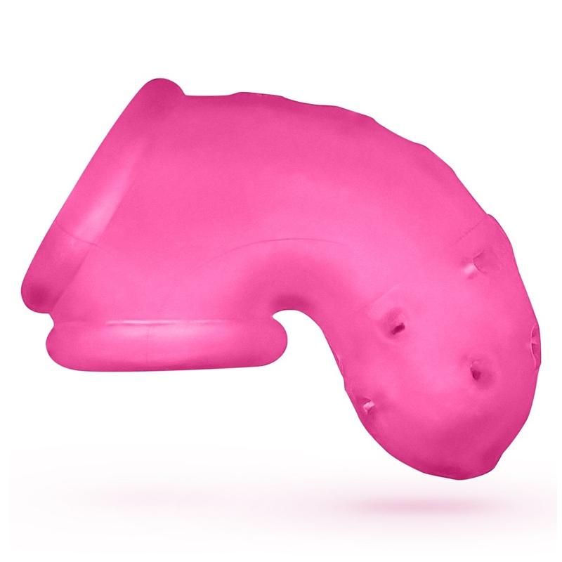 Pink silicone chastity cage with ventilation holes.