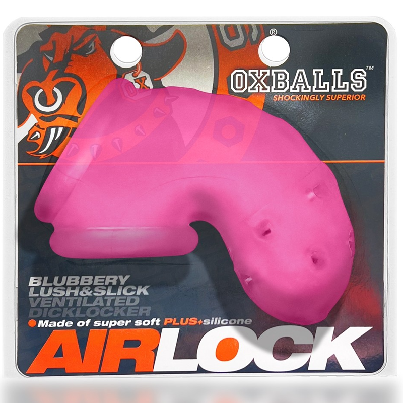 Pink silicone chastity cage with ventilation holes and branding.