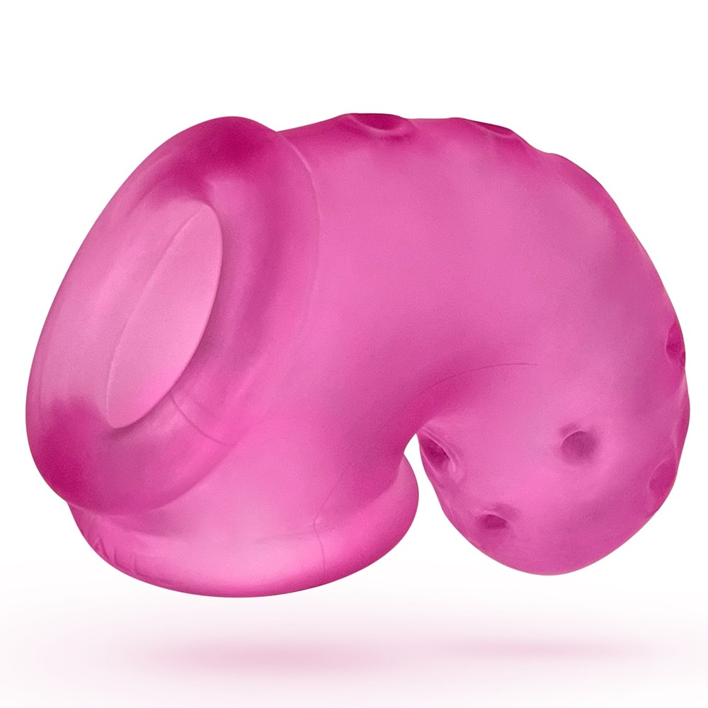 Pink vented silicone chastity cage with a built-in sling.