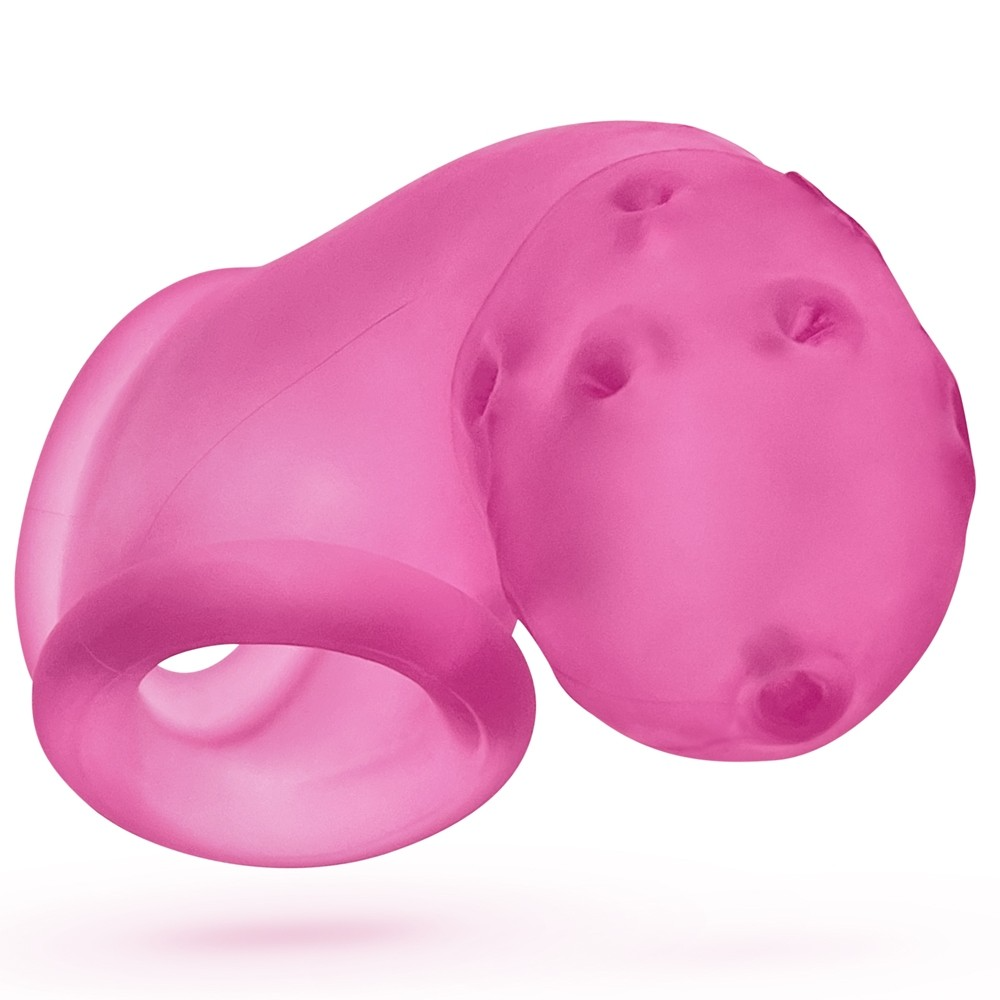 Pink silicone chastity cage with ventilation holes.