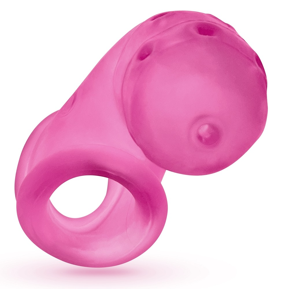 Pink silicone chastity cage with a vented shaft and a built-in sling.