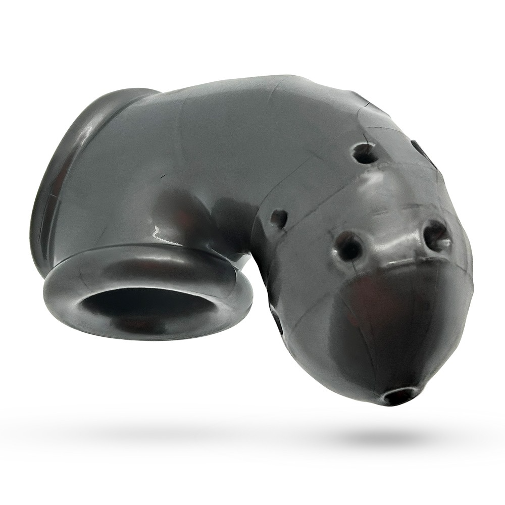 A dark grey silicone chastity cage with ventilation holes.