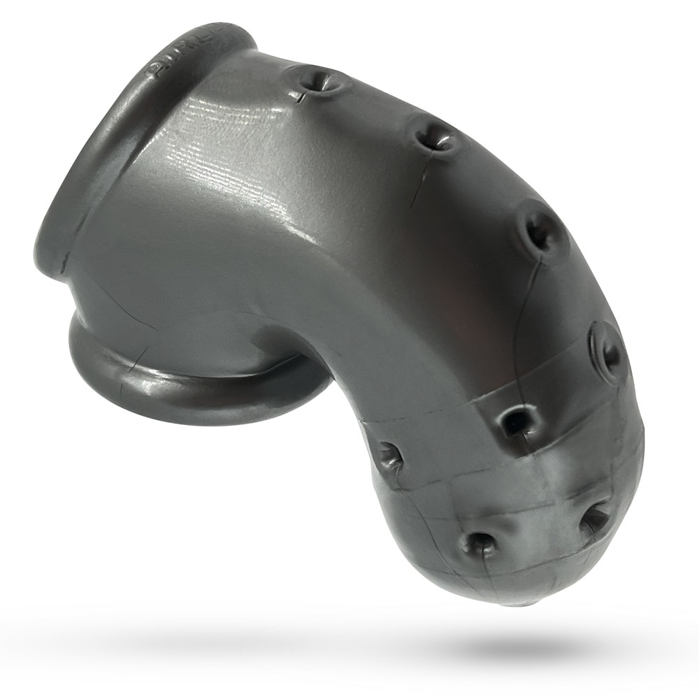 Steel colored vented silicone chastity cage with multiple holes.