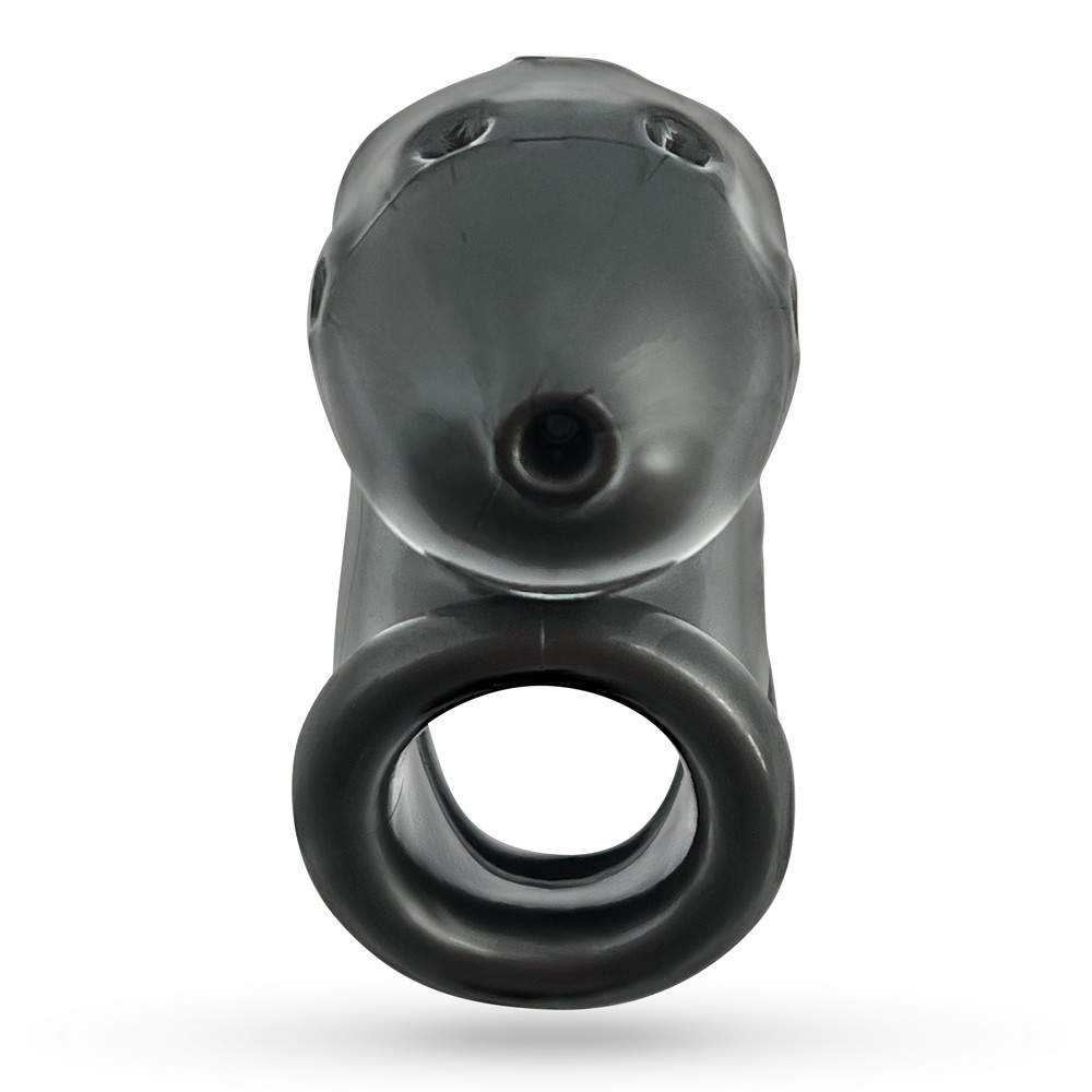 A black vented silicone chastity cage with a ring base.