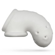 White silicone chastity cage with ventilation holes.
