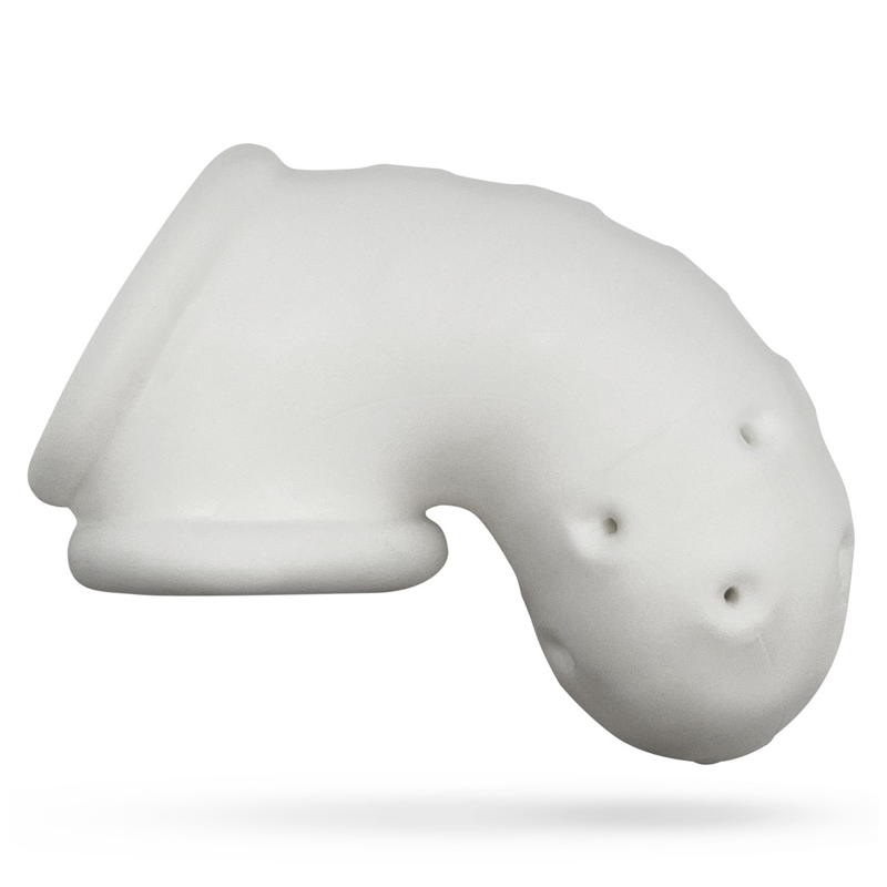 White silicone chastity cage with ventilation holes.
