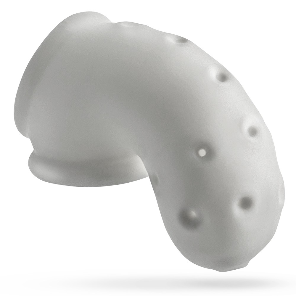 White ice vented silicone chastity cage with circular holes.