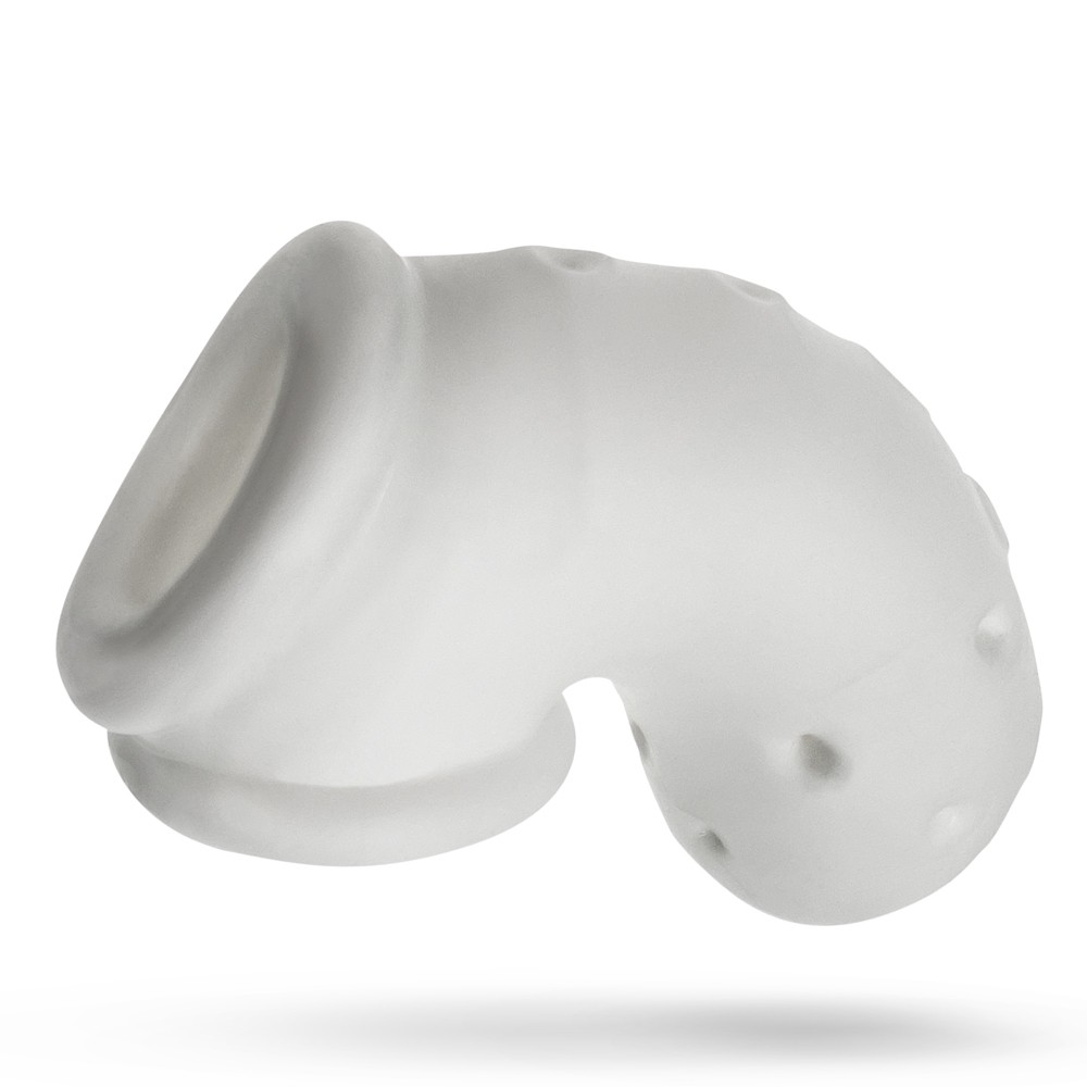 White ice vented silicone chastity cage with textured surface.