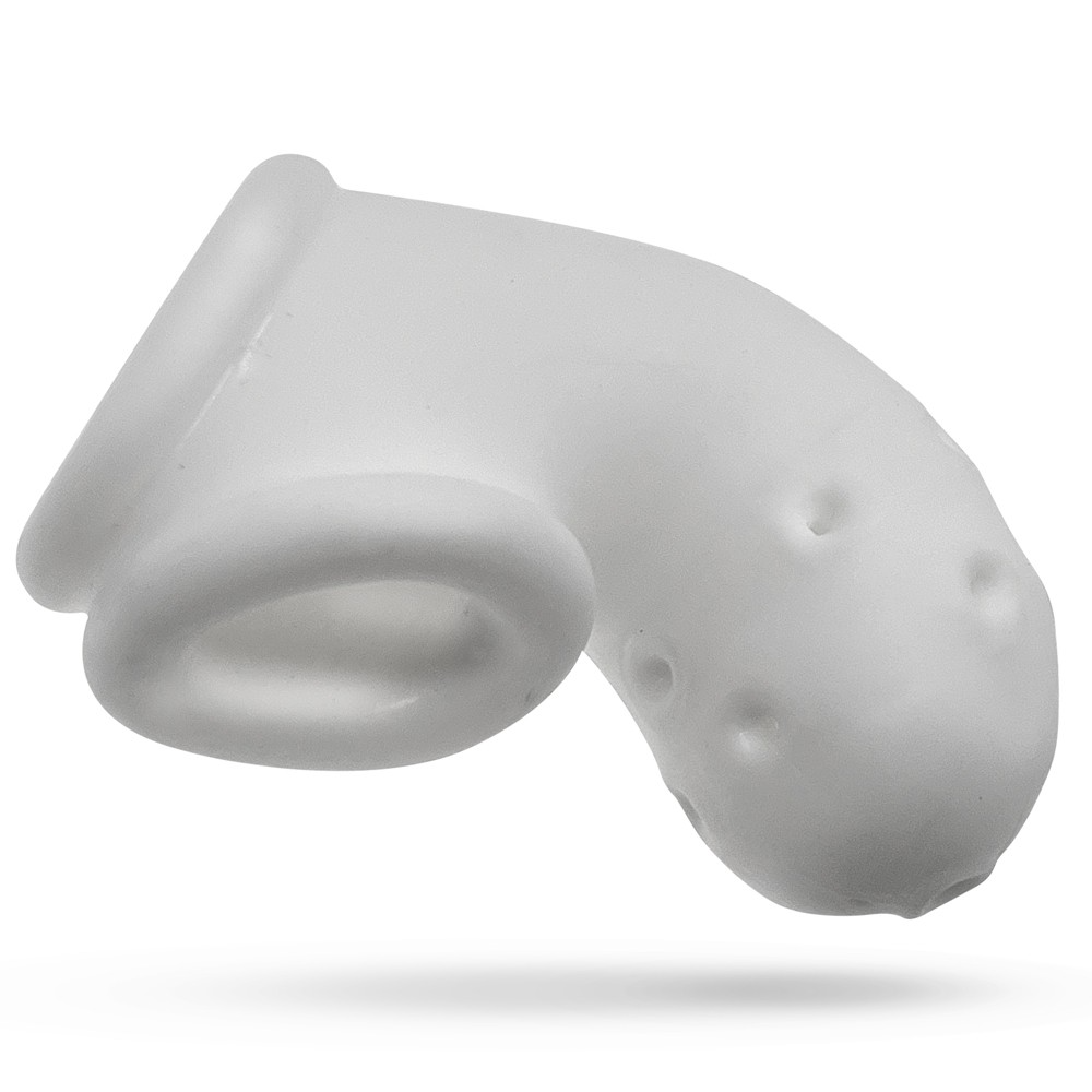 White silicone chastity cage with ventilation holes.