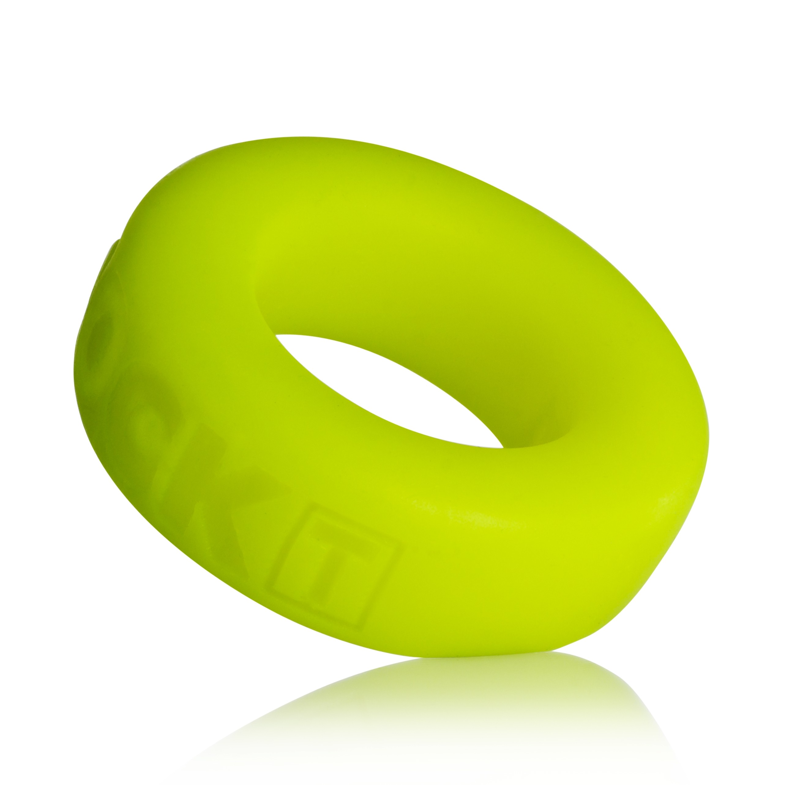 Soft silicone cock ring in acid yellow with embossed logo.