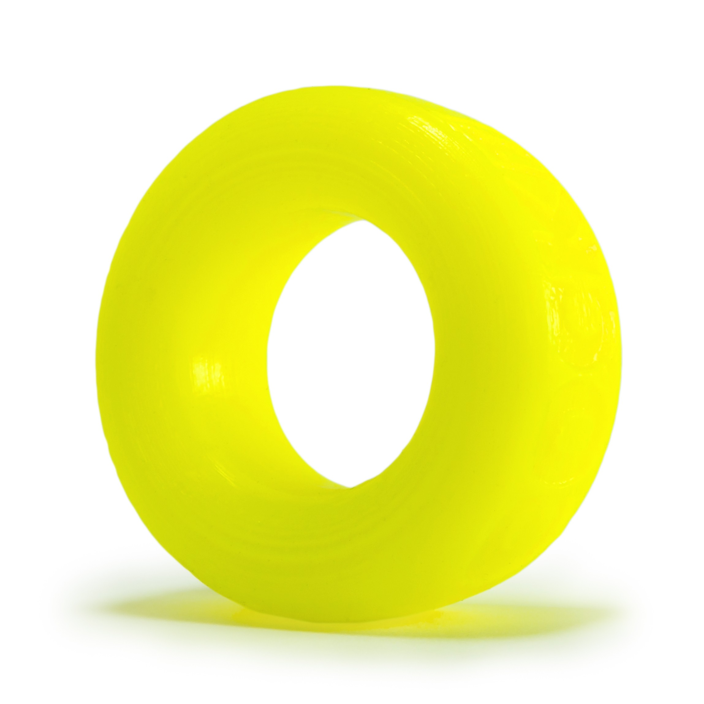A bright yellow silicone cock ring with a smooth finish.