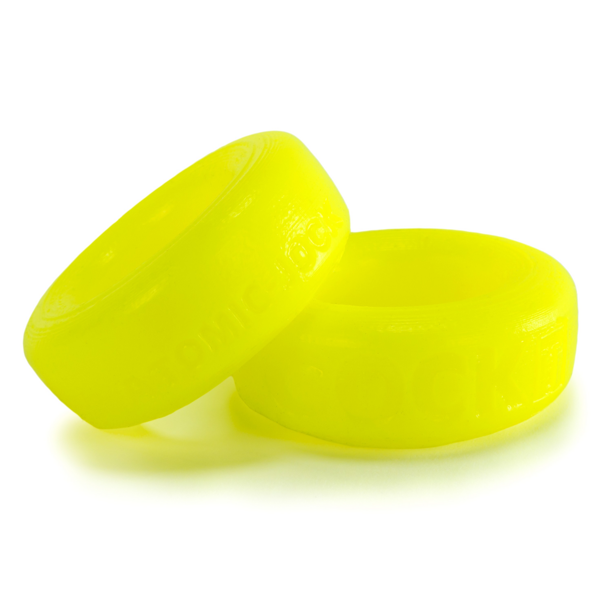 Two bright yellow silicone rings, one slightly overlapping the other.