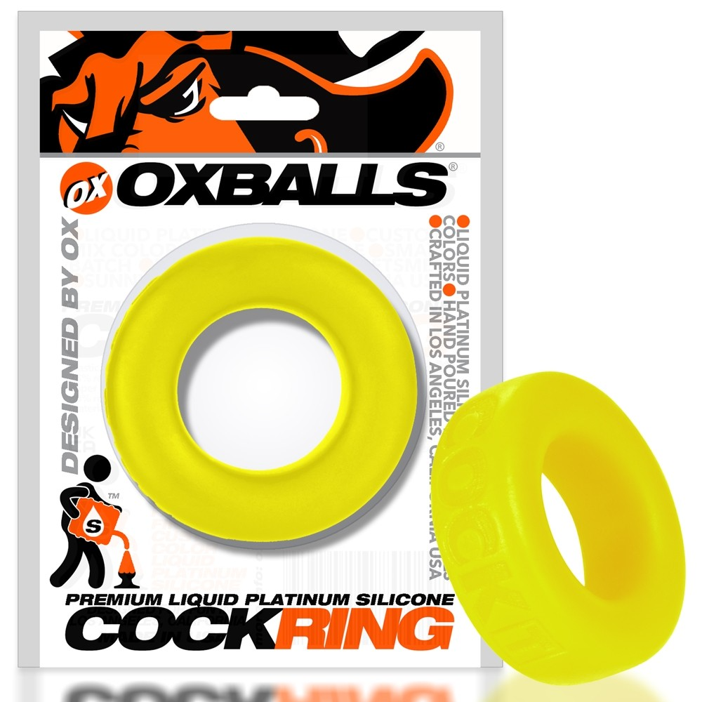 A bright yellow silicone cock ring from OXBALLS.