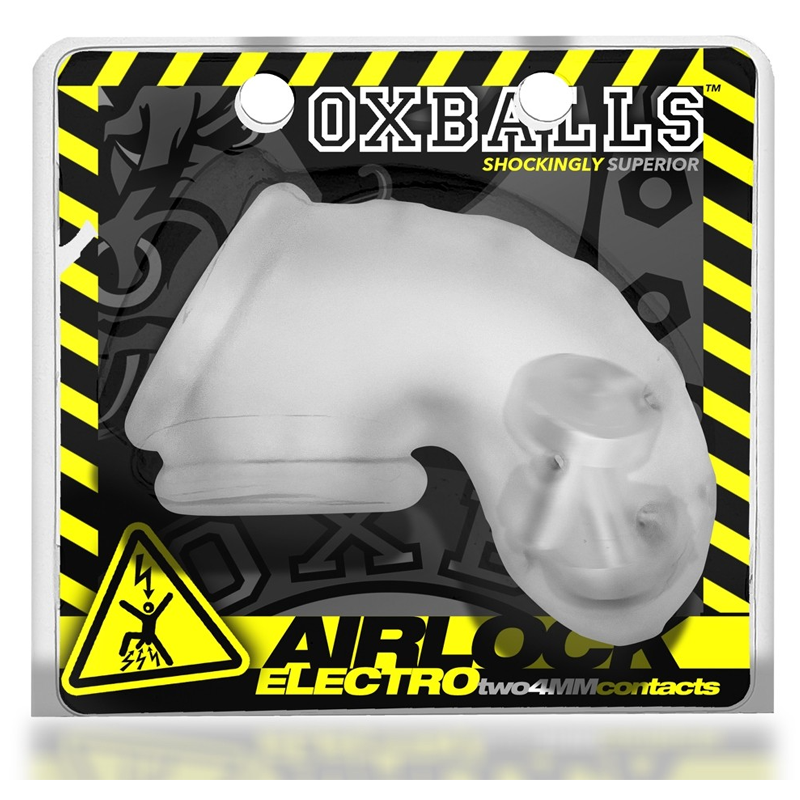 Clear ice vented silicone chastity cage with "Oxballs" branding.