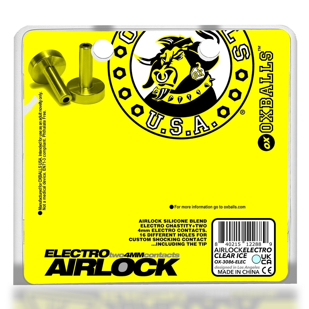 A clear ice colored silicone chastity cage with electro contacts and a bull logo.