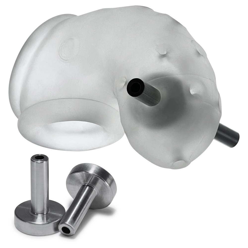 Clear ice vented silicone chastity cage with metal inserts.