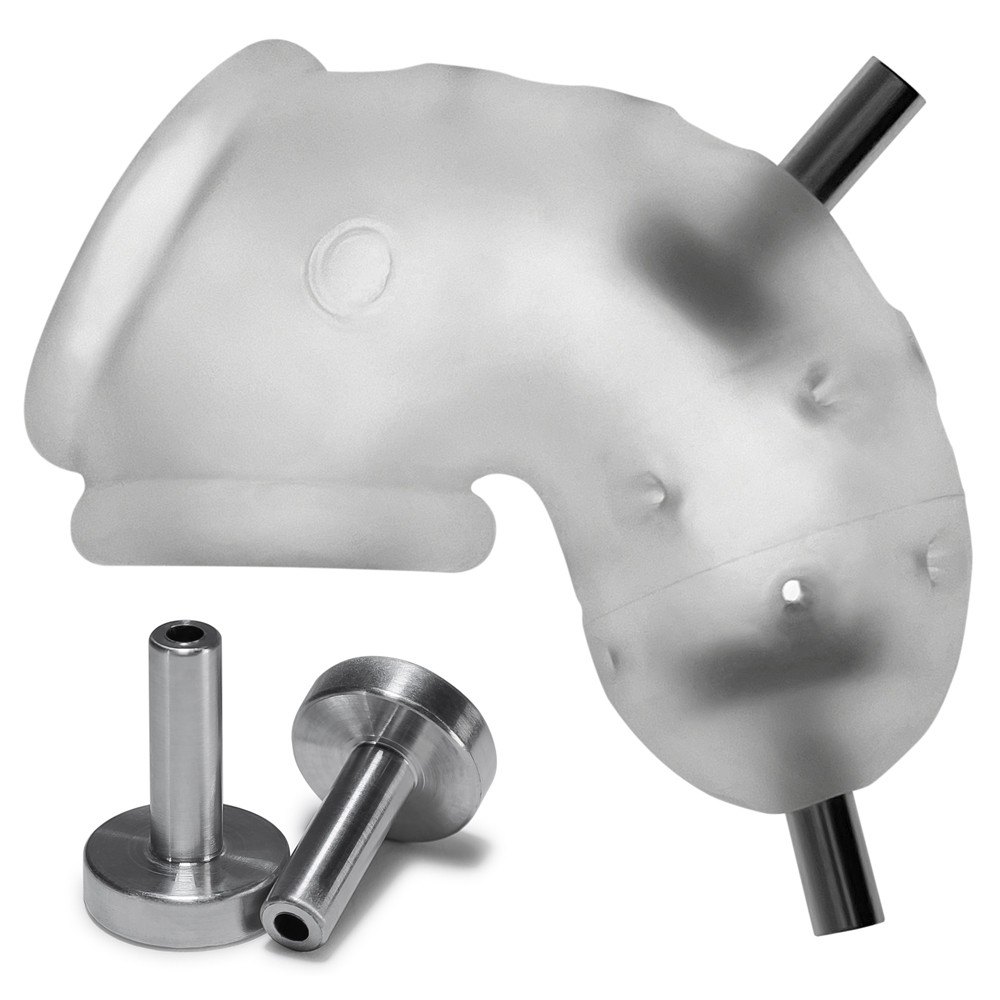 Clear ice vented silicone chastity cage with metal rods and inserts.